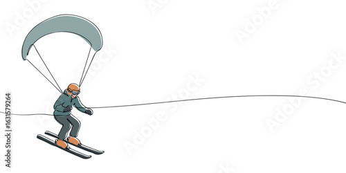 Speed riding athlete skiing downhill with open paraglider. Minimalist line art illustration representing extreme winter sport.