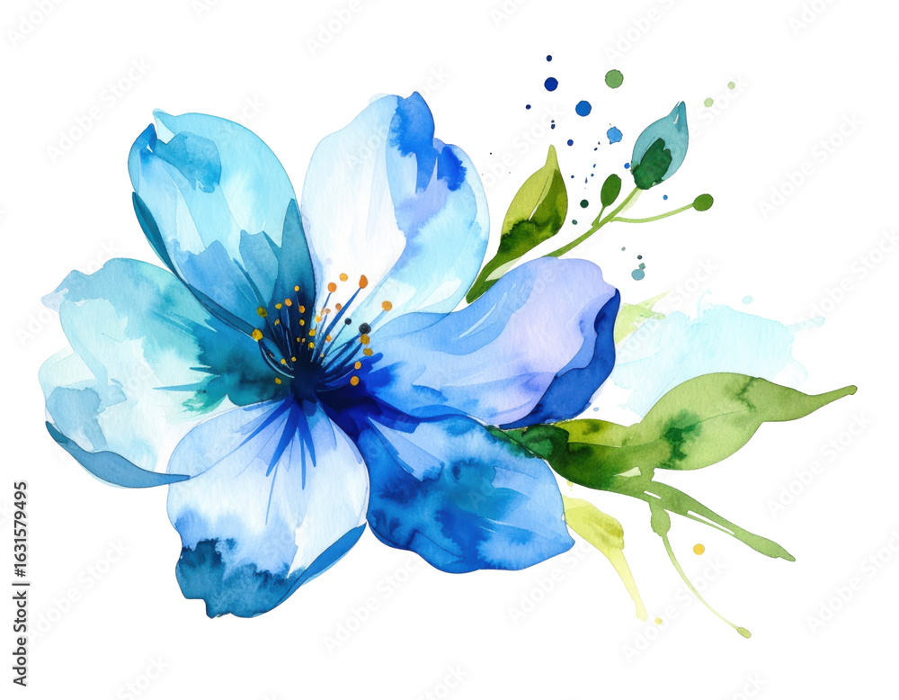Fototapeta premium Blue flower watercolor floral petal nature botanical leaf artistic spring bloom decoration garden delicate vibrant fresh