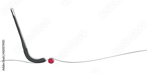 One line colored drawing of a bandy stick and red ball. Minimalist linear illustration. Winter sport equipment and Olympic ice game concept.