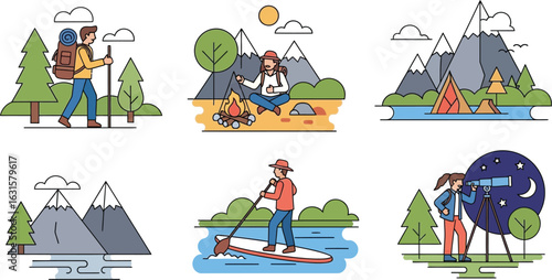 Illustrations depicting outdoor activities such as hiking camping stargazing and water sports scenes