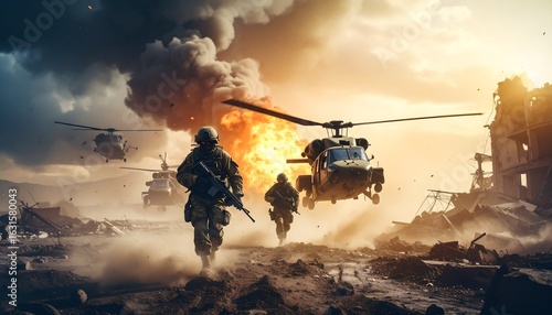 Soldiers advance through war-torn landscape with helicopters and explosions in the background