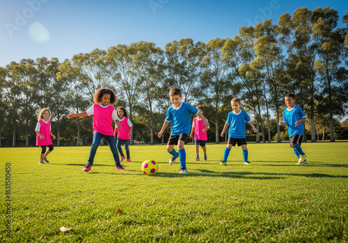 A diverse group of kids enjoying a soccer game on a sunny day, embodying the concept of active childhood and teamwork.
