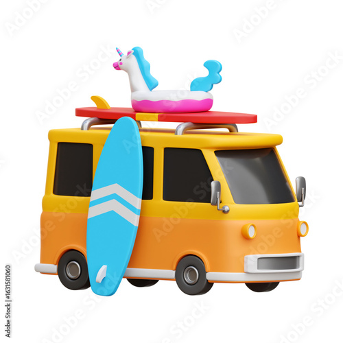 Yellow travel van with surfboards and inflatable unicorn for summer vacation
