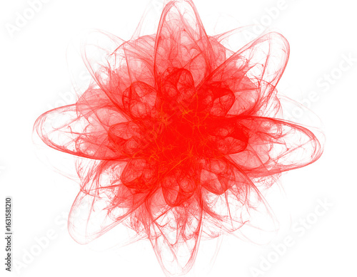 Red fractal flower with delicate translucent petals and intricate swirling patterns, creating vibrant and dynamic abstract