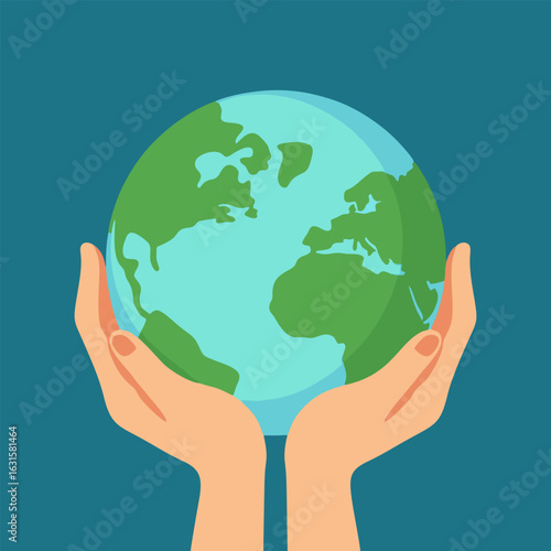 Vector illustration of caring hands holding planet Earth. A concept for environmental protection, conservation, and sustainability.