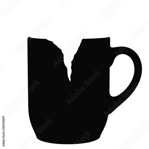 Silhouette of broken mug handle on white background, loss and fragility