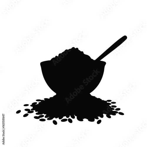 Silhouette of spilled rice near bowl on white background, symbolism of abundance