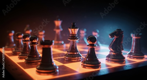 Conceptual image of business strategy, chess pieces on a glowing board