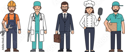 A cartoon illustration showcasing various professions including a doctor and a construction worker