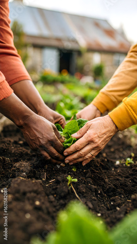 Plantando un huerto de verduras en comunidad con la luz del verano
