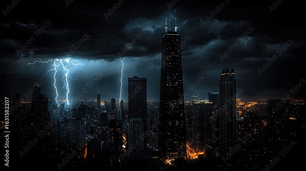 Fototapeta premium A city skyline at night during a thunderstorm.