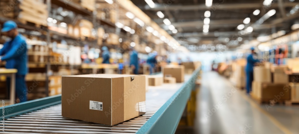 Obraz premium The package moving along a conveyor belt in a bustling warehouse environment.