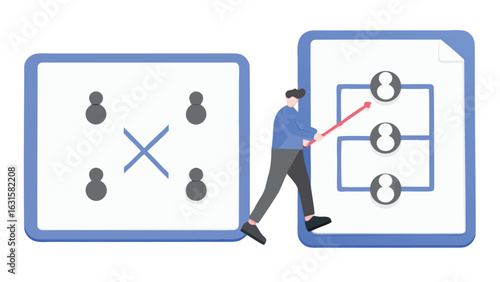 Man presenting team structure and strategy with diagrams on whiteboards and pointing stick tool