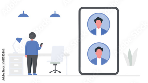 Person looking at a phone displaying two profile pictures in an office environment with desk and chair