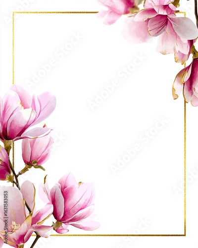 Floral frame design with pink magnolia blossoms and golden border on white background for elegant invitation