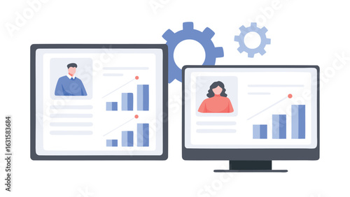 Two monitors displaying profiles with graphs and gears in the background representing teamwork data