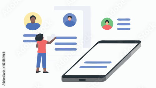 Illustration of a person reviewing profiles next to a large smartphone interface display screen