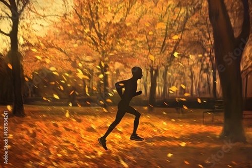 A lone runner enjoys a crisp autumn morning in a park with falling leaves