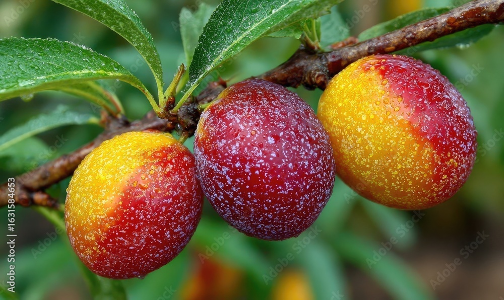 Obraz premium Close-up of three plums on a branch