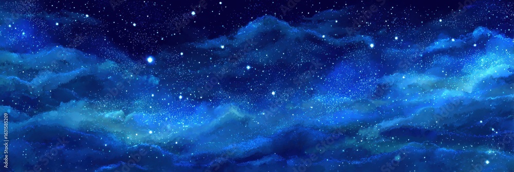 Fototapeta premium Midnight Stars: Abstract Blue Sky with Cloud Gradient and Soft Light Reflections on Water