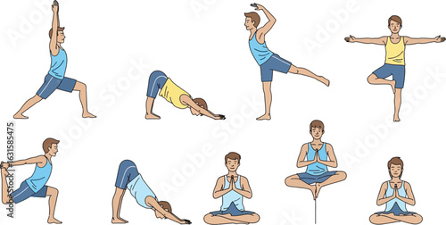 Illustrations showing a man performing various yoga poses for fitness and flexibility training routine