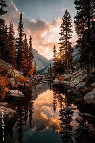 Serene mountain stream at sunset, reflected in calm water