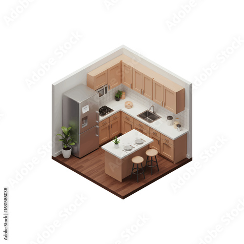 A 3D vector isometric view of a clean kitchen layout with a refrigerator, cabinets, and a central island.