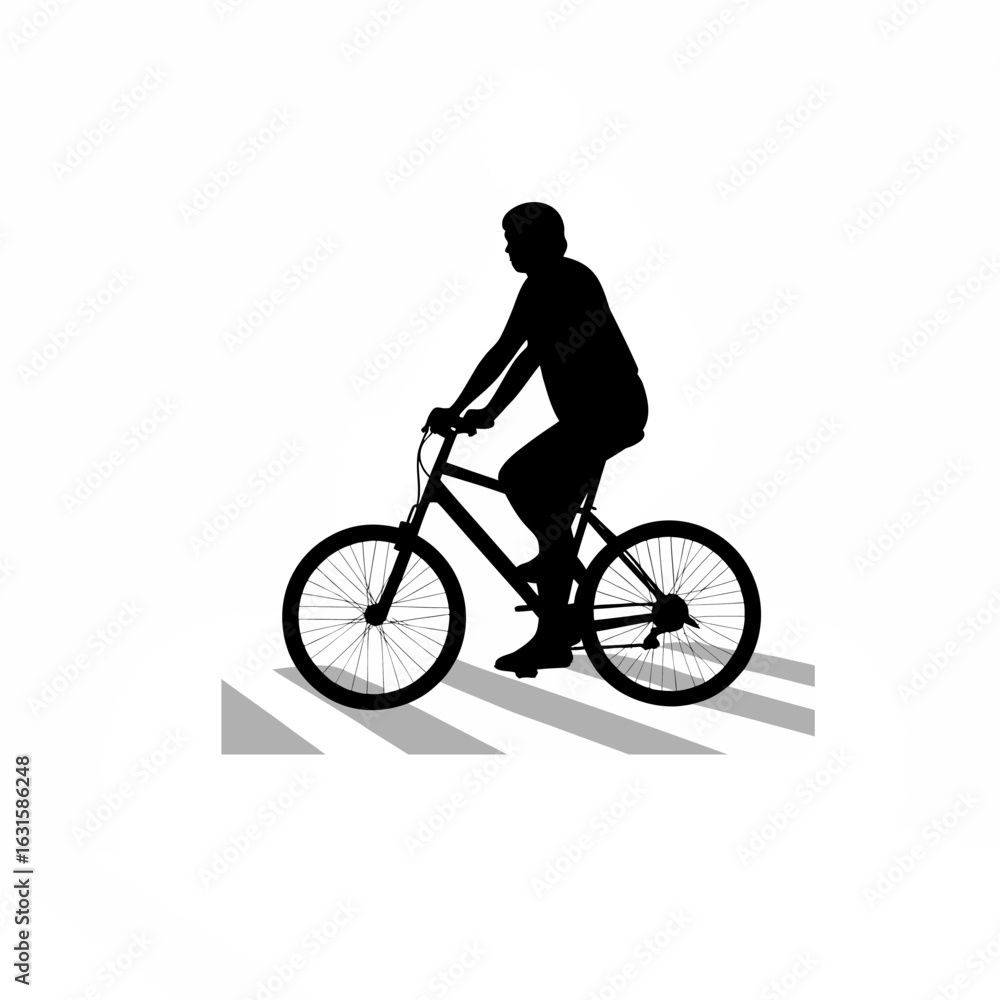 Obraz premium Person cycling through a vibrant city street with buildings and trees