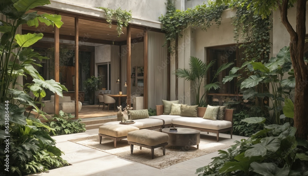 Fototapeta premium Modern tropical indoor courtyard with rich plants, comfortable seating area, terracotta tile flooring. Offers serene, zen-like oasis for relaxation, modern living, blending nature with contemporary