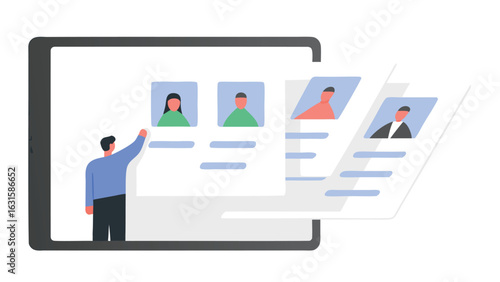 Man selecting candidates on a tablet with multiple profiles displayed for review and consideration process