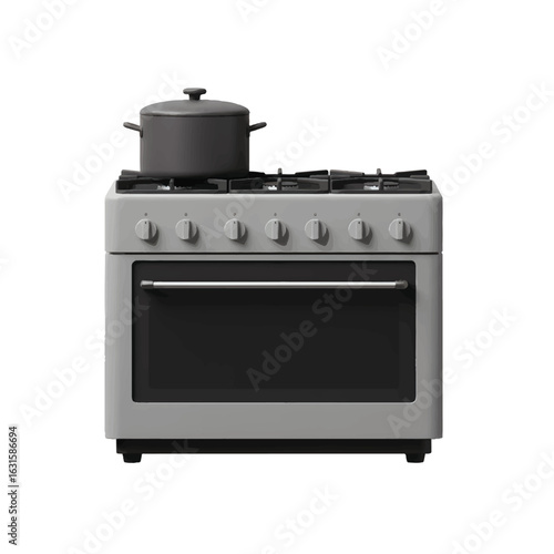 A minimalist 3D vector stove with four burners, a pot on top, and simple knobs. Rendered in clean flat tones with no shadows or reflections.