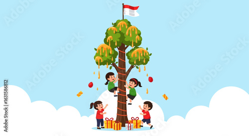 Vector illustration of kids climbing a greased areca tree (panjat pinang) to reach prizes, red and white flag on top, flat cartoon style