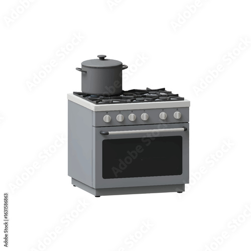 A minimalist 3D vector stove with four burners, a pot on top, and simple knobs. Rendered in clean flat tones with no shadows or reflections.