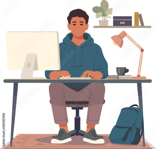 Young Man Working at Desk with Computer in Calm Home Office or Study Environment Flat Vector Illustration Isolated on Transparent Background
