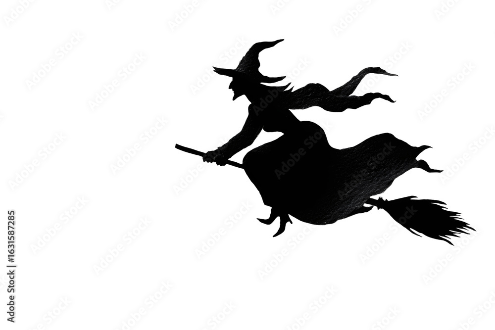 Fototapeta premium Black paper silhouette of a witch flying to Sabbath on Halloween night on white background. Homemande Halloween decoration, DIY. Trendy Halloween minimal card or poster, Italian Befana