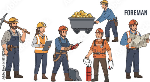 Illustration of a group of miners in various poses with tools and equipment on a white background