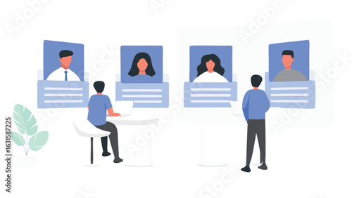 People reviewing profiles for recruitment or selection process in a modern office setting design