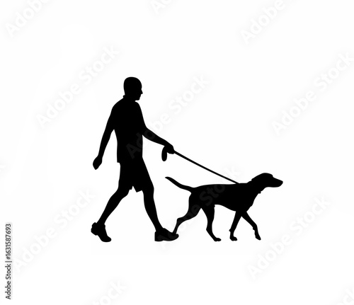 Person walking a dog down a suburban street with houses and trees