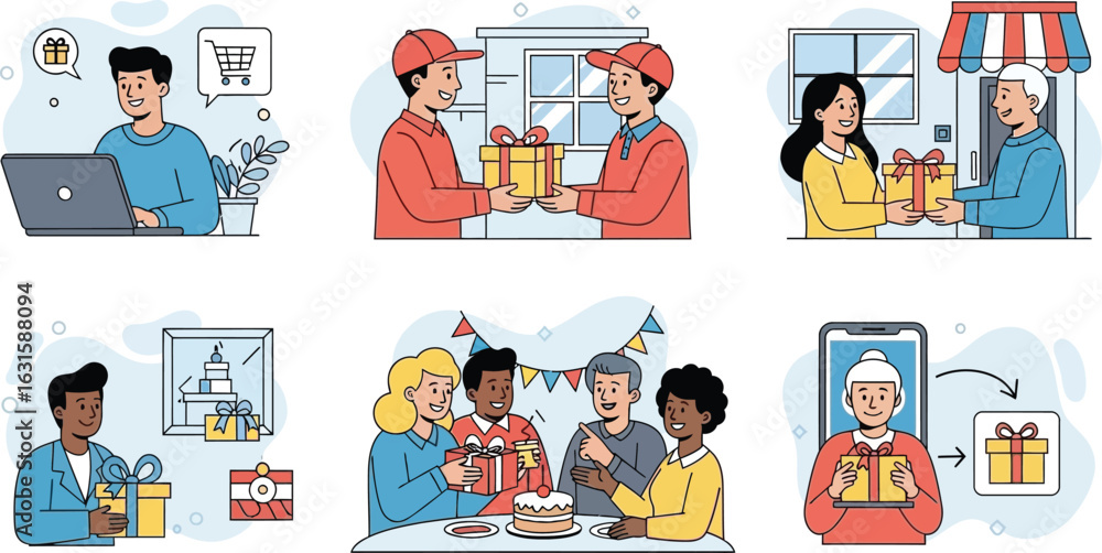 Obraz premium Illustrations of people buying, delivering, receiving, and gifting presents on various occasions