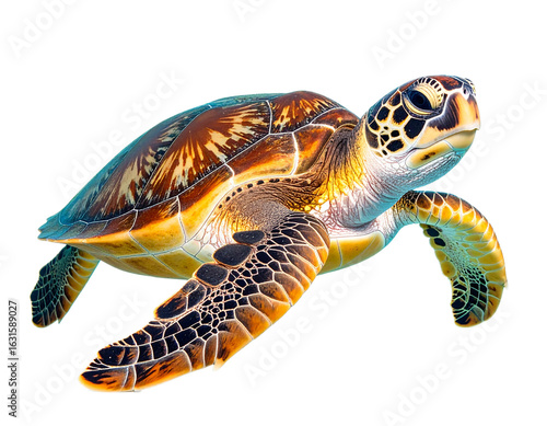 The sea turtle, a large marine reptile, is swimming peacefully in its natural ocean habitat