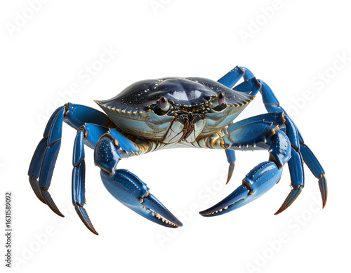 A small blue crab, a type of swimming crab, is walking on the sand