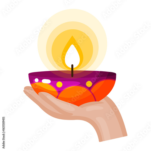 Hand Holding Lit Diya Oil Lamp Illustration