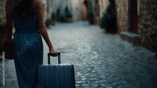 Fototapeta Naklejka Na Ścianę i Meble -  Woman pulls her suitcase through an old cobblestone street