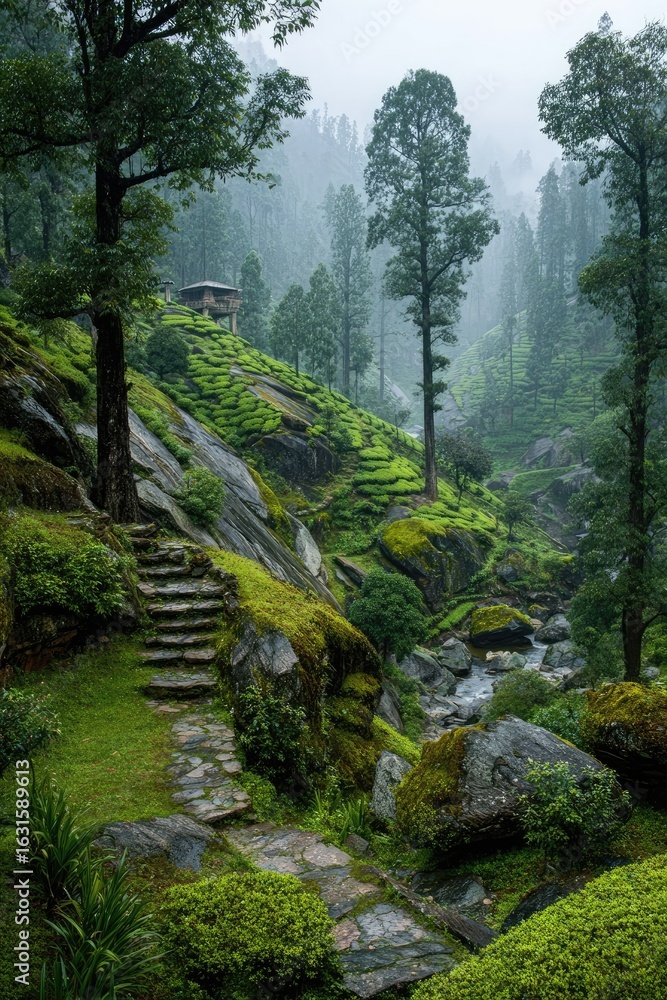 Naklejka premium Misty mountain path winds through lush greenery