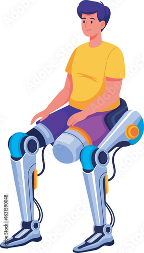 Seated man with dark hair wearing a futuristic lower-body robotic exoskeleton with blue and orange accents.