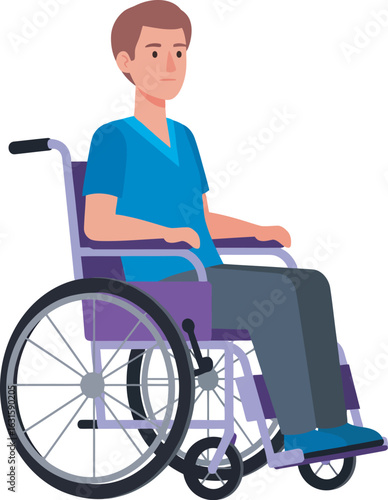 Young man with brown hair and a neutral expression sitting in a purple manual wheelchair.