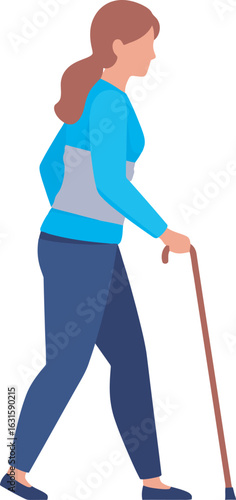 Elderly woman with a ponytail in blue clothes walking with a cane Side view flat vector illustration.