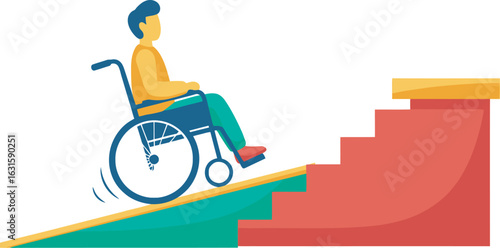 A person with a physical disability seated in a blue manual wheelchair depicted in a colorful flat art style.