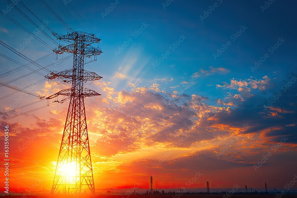 Fototapeta premium Power lines silhouette against vibrant sunset
