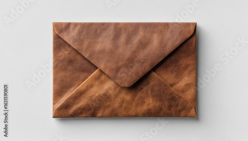 Top-down view of a brown leather-like envelope